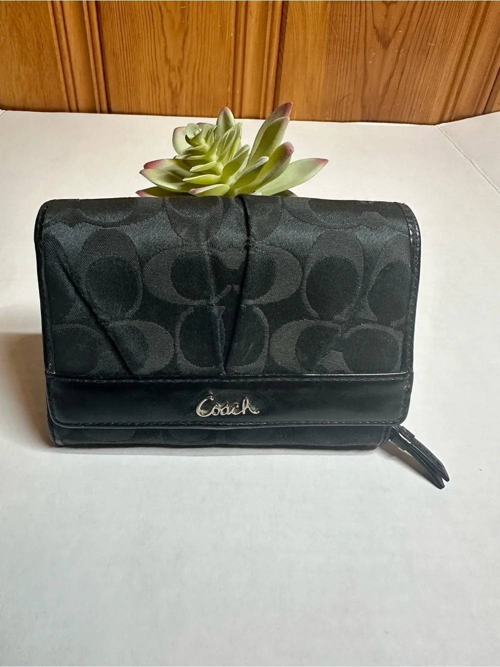 Coach Black Signature Logo Compact Wallet with Silver Logo